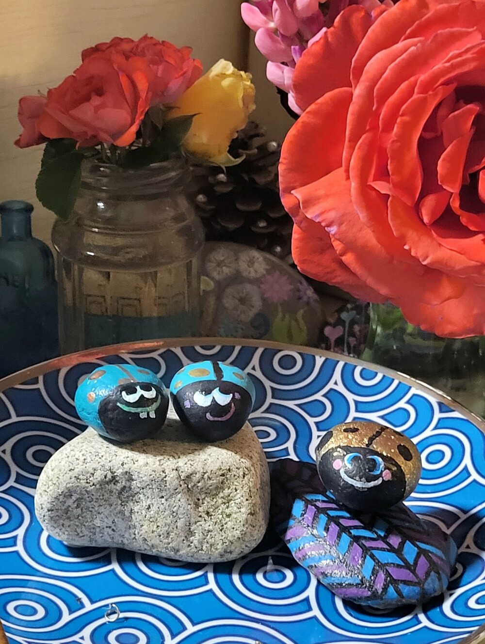 Hand-Painted Blue and Gold Decorative Ladybug Stone Set - Home Accents - Picture 2 of 10